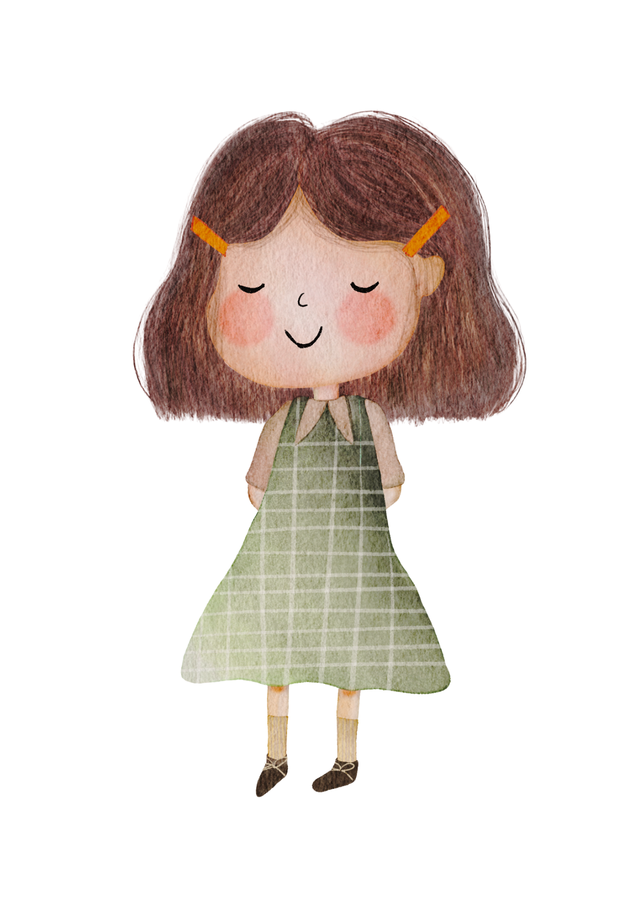 Cute girl with brown hair, orange hair clips, wearing a green checkered dress, socks, and shoes.