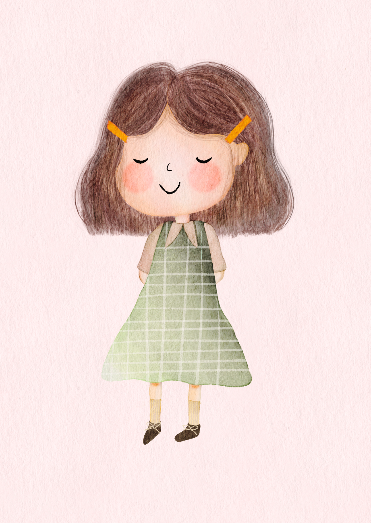 Cute girl with brown hair, orange hair clips, wearing a green checkered dress, socks, and shoes, standing against a pink background.