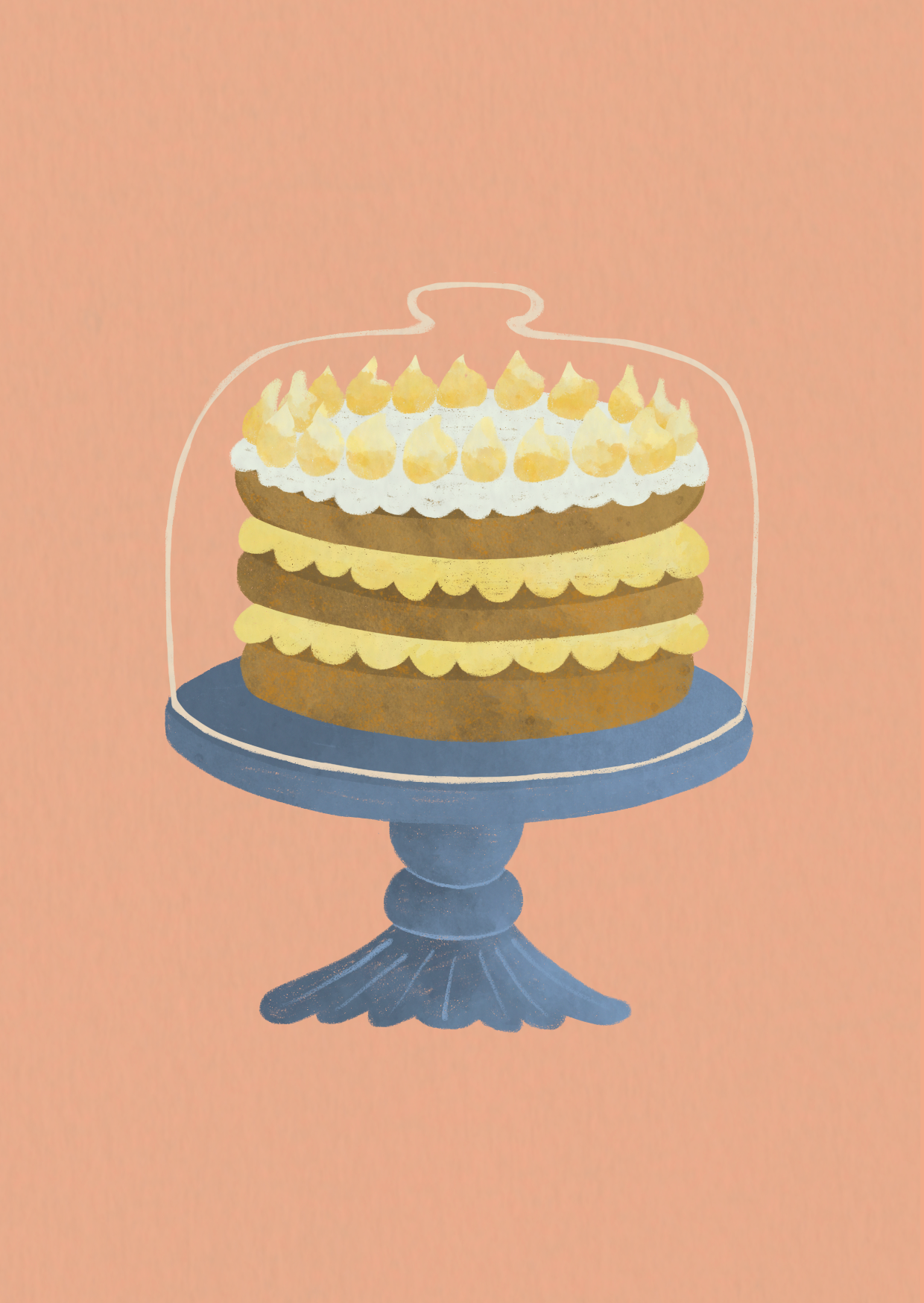 A layered cake with yellow icing and whipped cream, decorated with small yellow and white dollops, under a glass dome on a blue cake stand against a pink background.