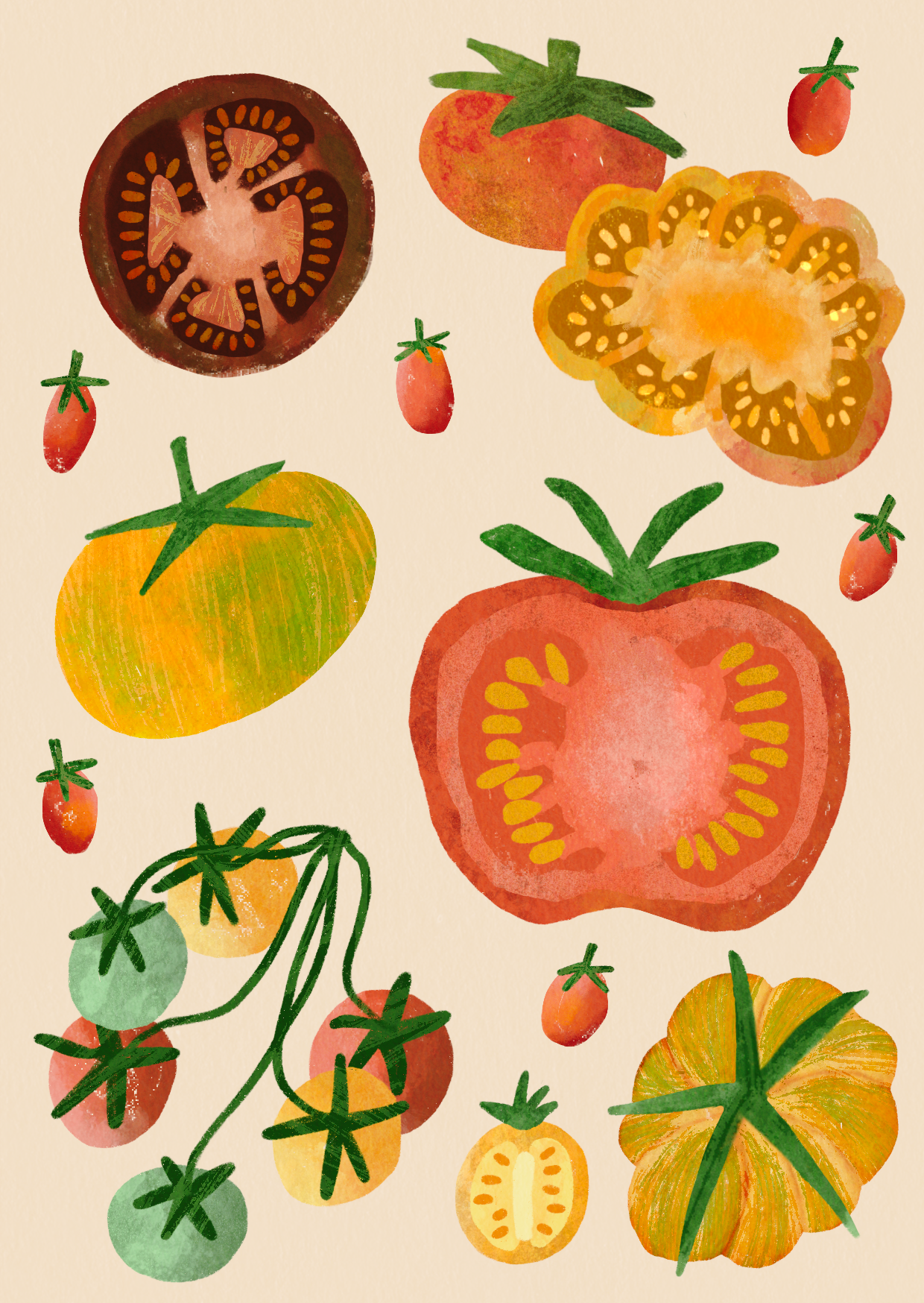 Illustration of various tomatoes, including sliced and whole varieties, in red, yellow, green, and orange colors, with small cherry tomatoes scattered around.