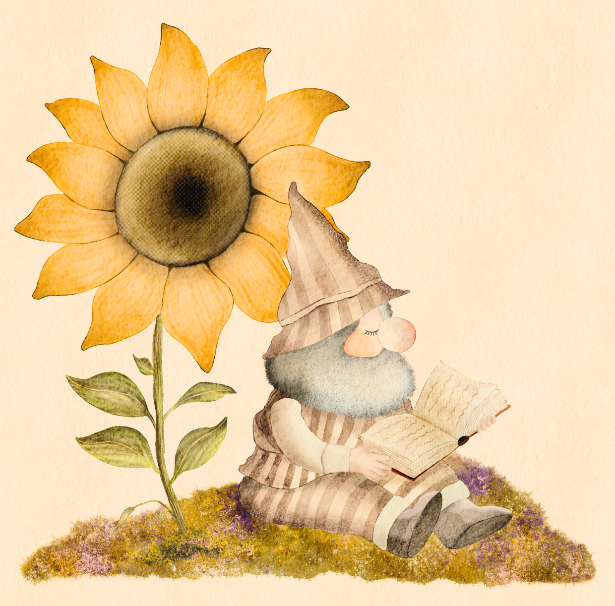 A whimsical illustration of a gnome with a tall, pointed, striped hat reading a book, sitting on colorful moss next to a large sunflower, with a pale yellow background.