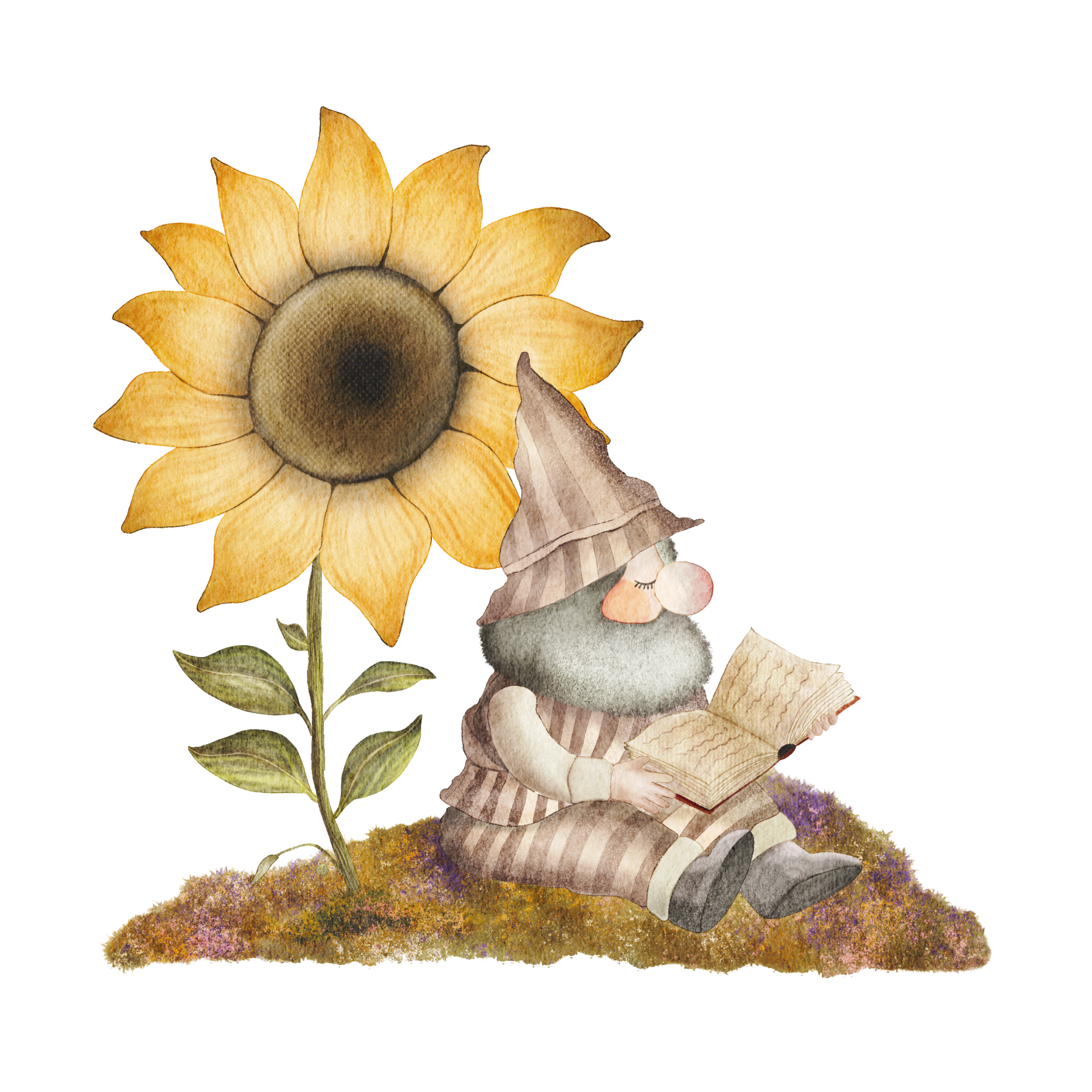 A whimsical illustration of a gnome with a tall, pointed, striped hat reading a book, sitting on colorful moss next to a large sunflower.