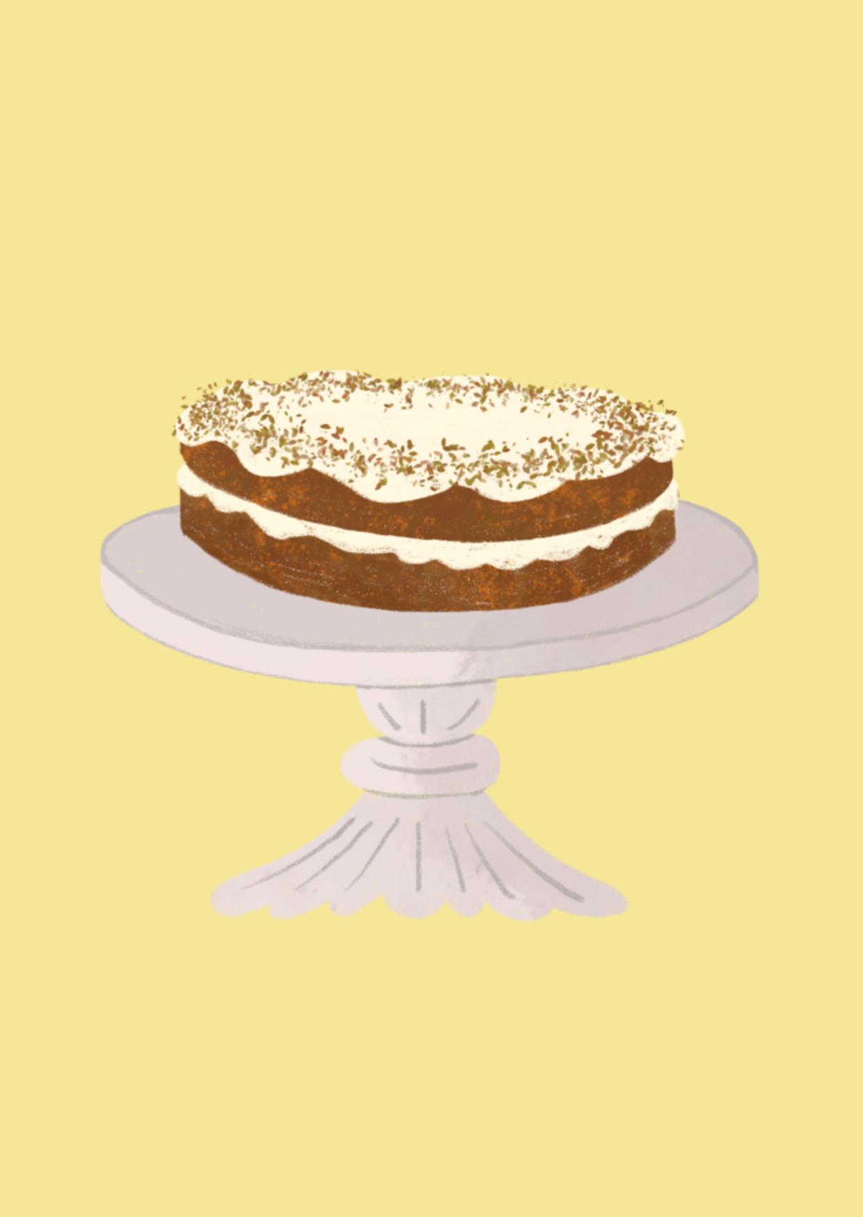 Illustration of a layered carrot cake on a white cake stand with a yellow background.