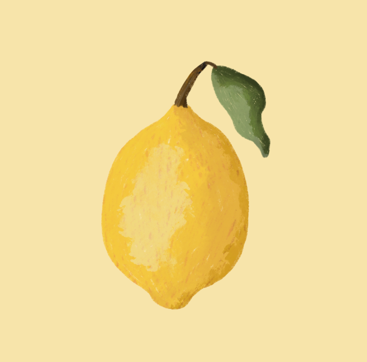 A digital illustration of a yellow lemon with a green leaf attached to the stem, set against a light yellow background.