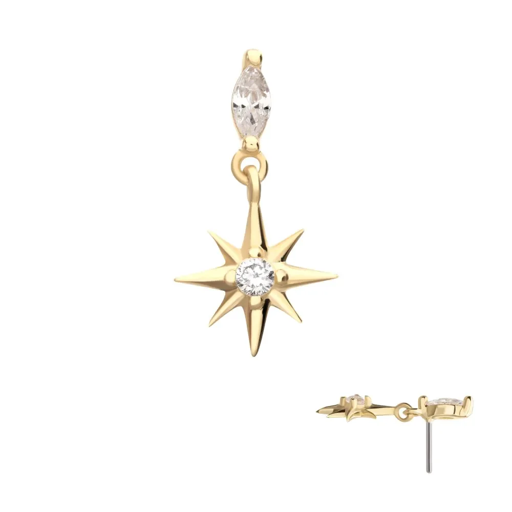 Gold star-shaped earring with clear gemstones, designed to resemble a starburst, with a dangling part and a stud backing.