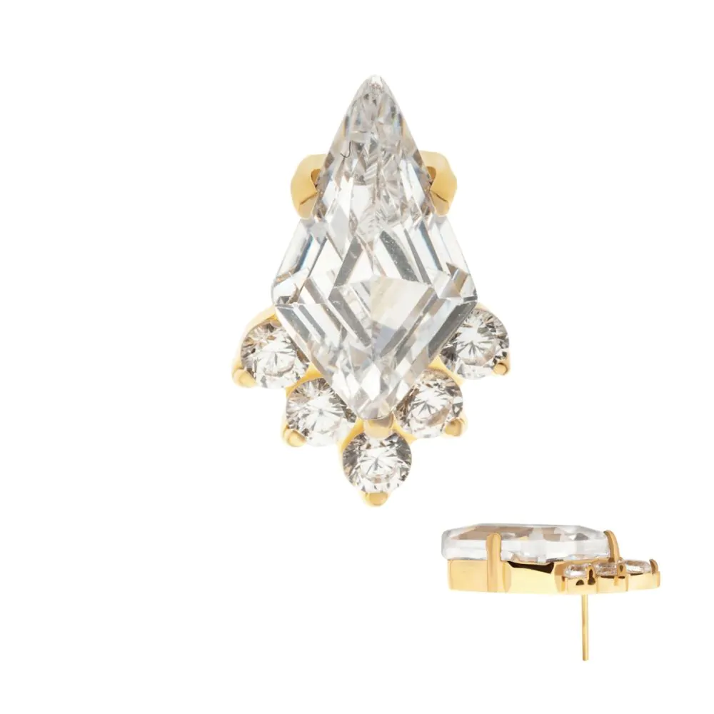 A pair of elaborate earrings with large central clear stones and smaller surrounding stones set in gold.