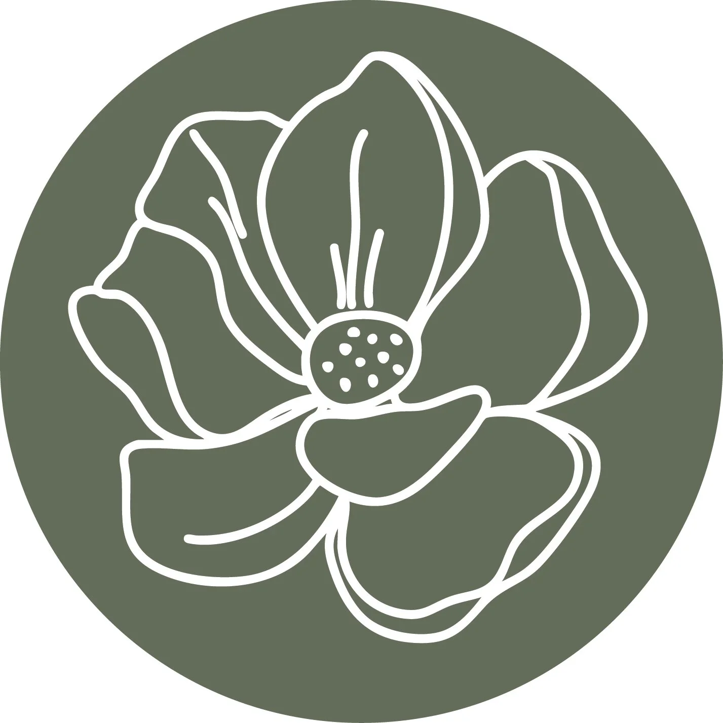 White outline of a magnolia flower with multiple petals on a dark green circular background.