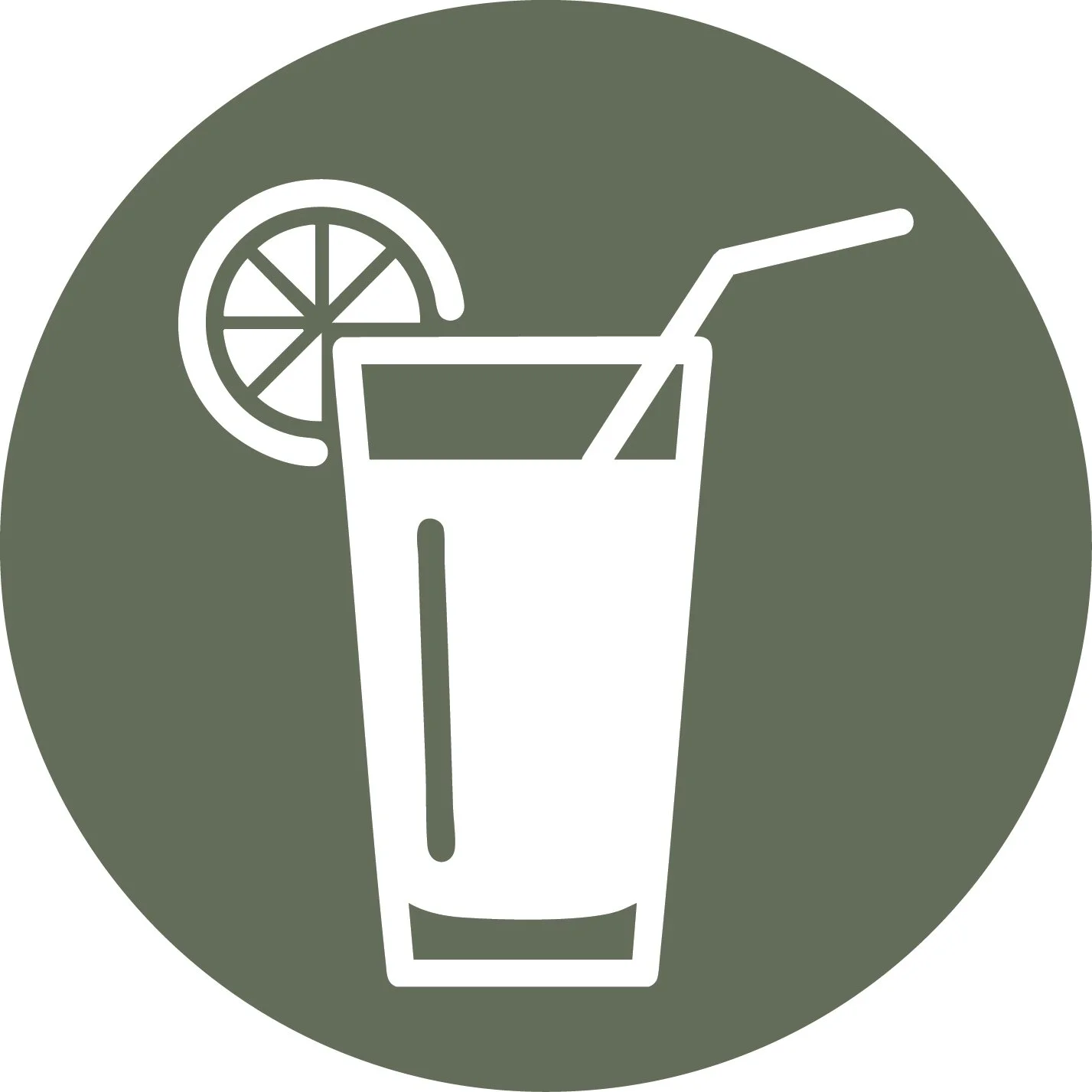 Icon of a glass of lemonade with a lemon slice and straw on a dark circular background.