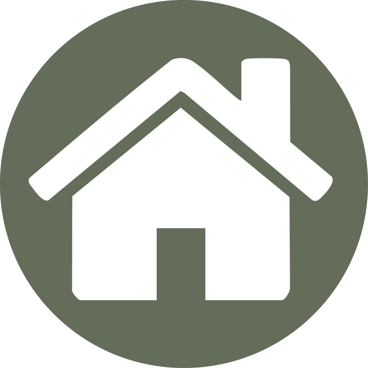 Icon of a house with a roof, chimney, and a door inside a green circle.