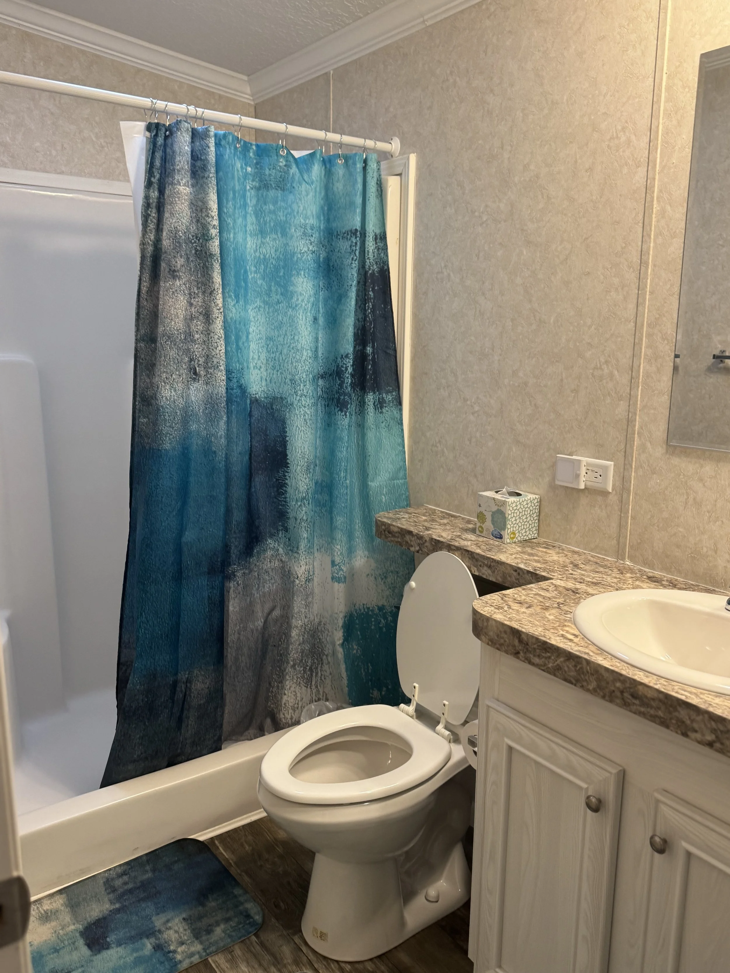 Bathroom with a shower and curtain, toilet, sink with granite countertop, tissue box, and wall mirror.