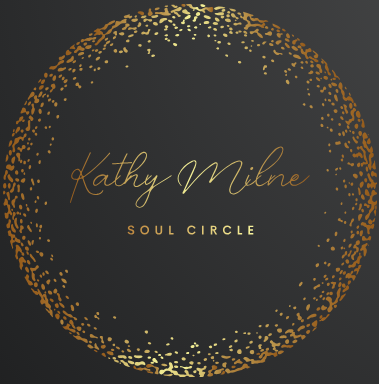 Black background with gold splatter circle and the text 'Kathy Milne Soul Circle' in gold lettering.