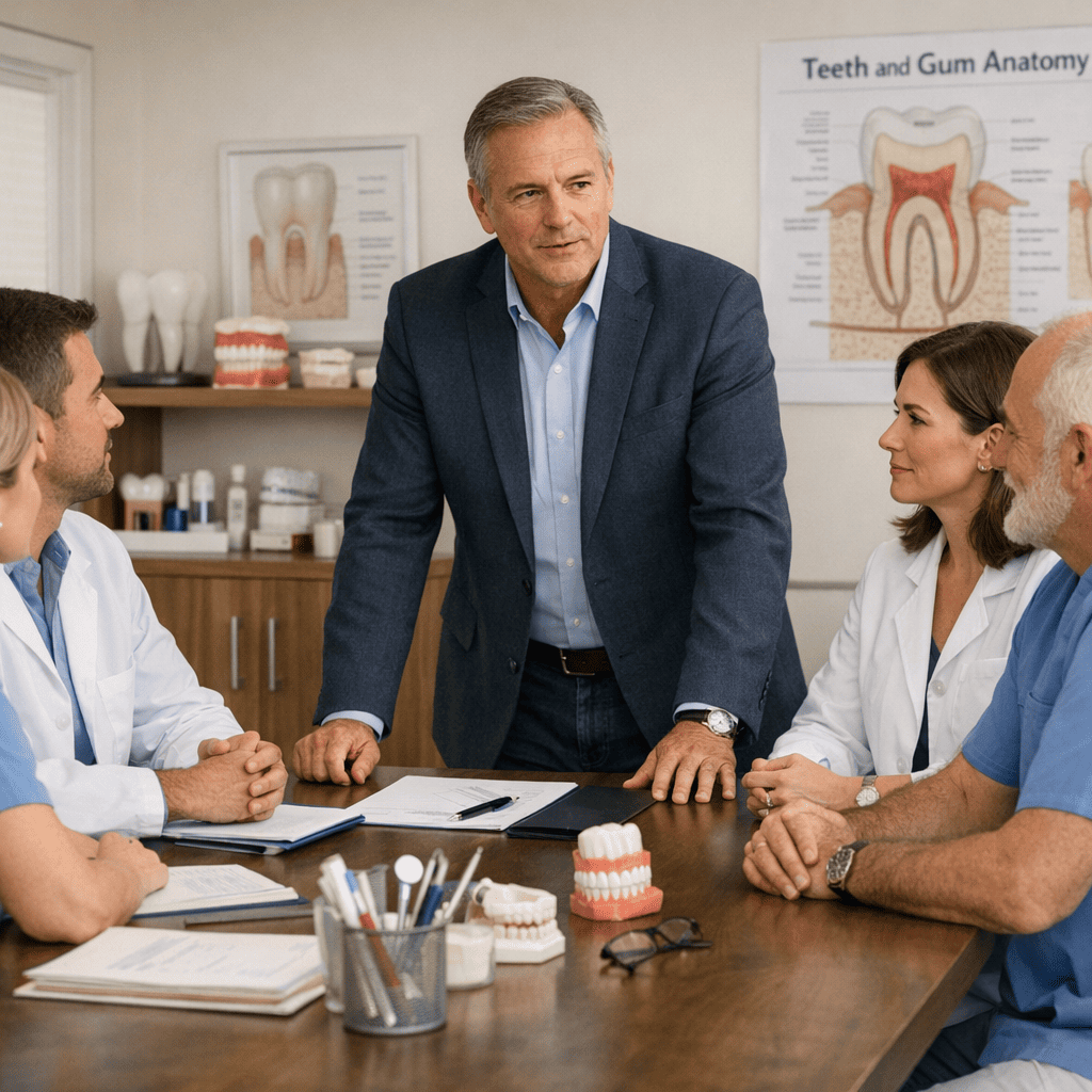 Externer Leiter Marketing führt ein strategisches Gespräch mit einem Team aus Zahnärzten in einer Zahnarztpraxis