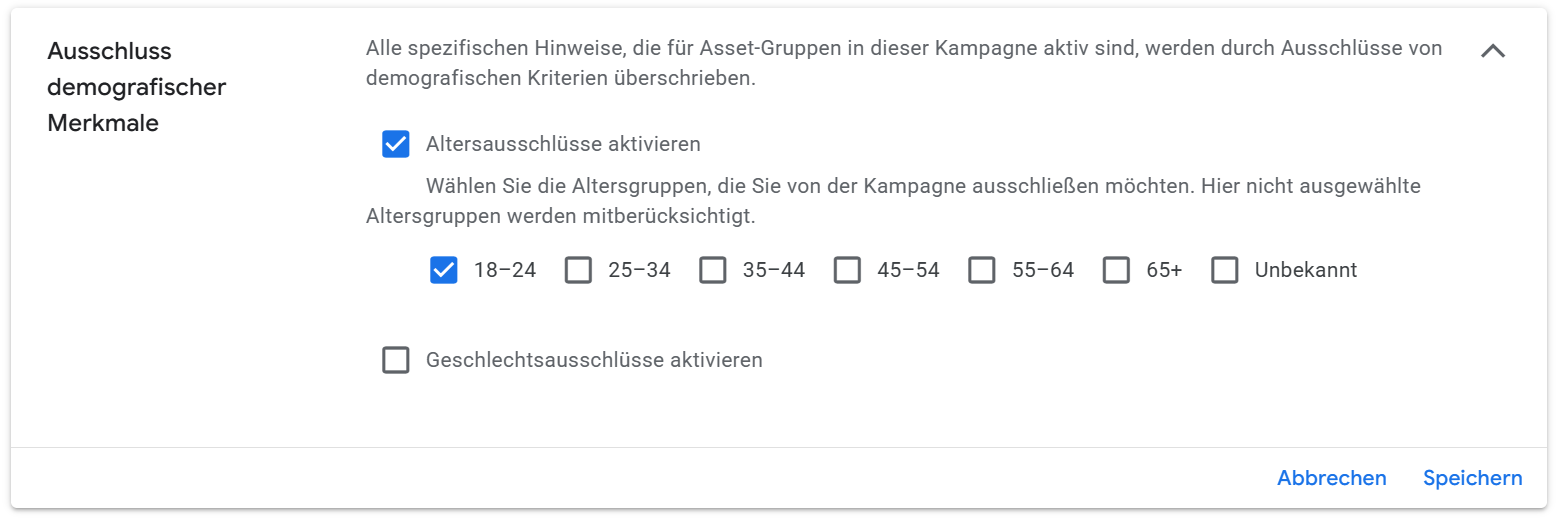 Altersausschlüsse definieren Performance Max