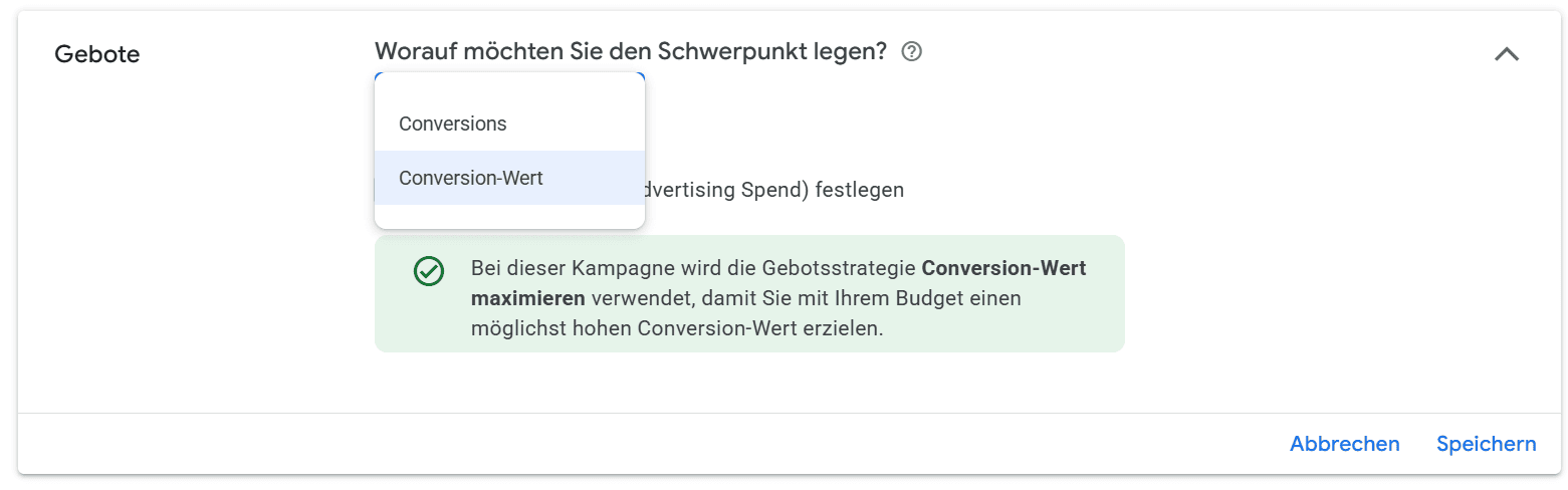 2 Gebotsoptionen - mehr lässt Ihnen Performance Max nicht zu