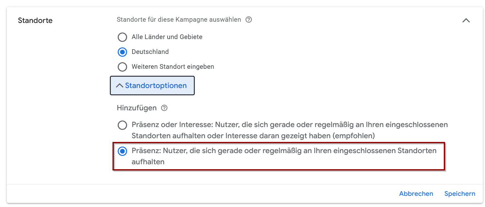 Standort Einstellungen bei Performance Max