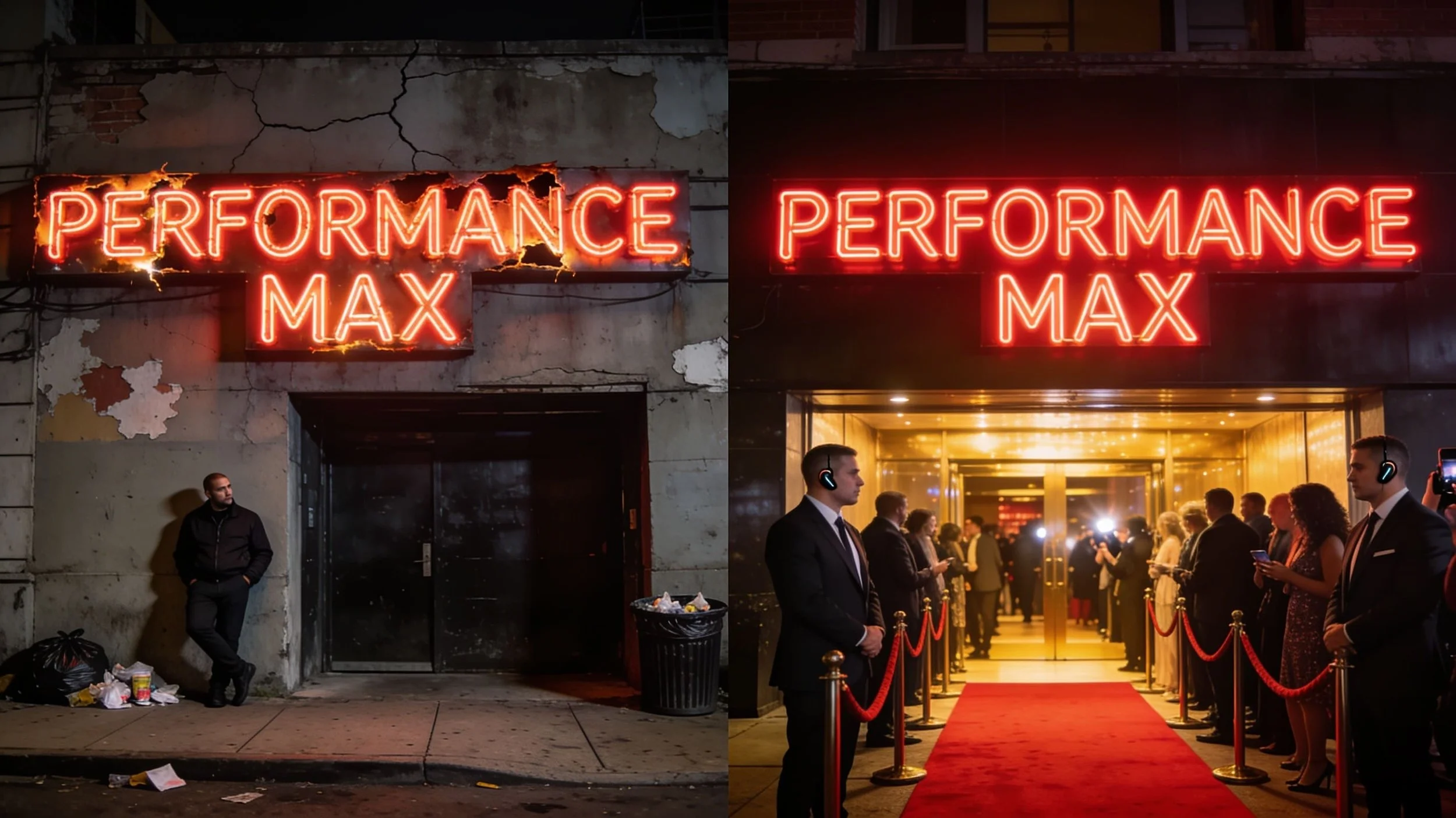 Zwei Nachtclubs im Vergleich: heruntergekommener Club vs. gut laufender Club mit Neonschild "Performance Max" – Symbolbild für Performance Max optimieren