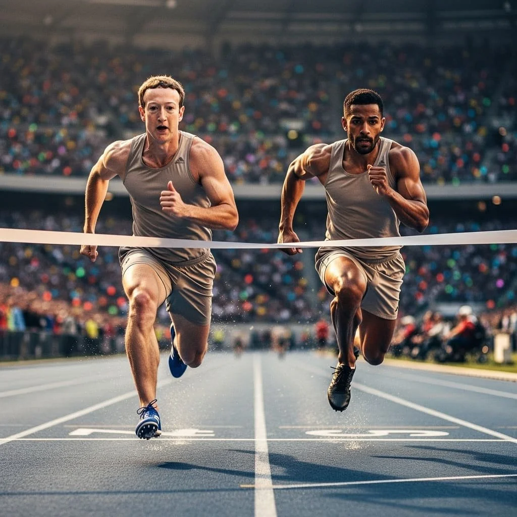 Zwei Sprinter im 100-Meter-Lauf kurz vor dem Ziel: Ein Mann, der an Mark Zuckerberg erinnert, liegt knapp vor einem Mann, der an den Google-CEO erinnert.