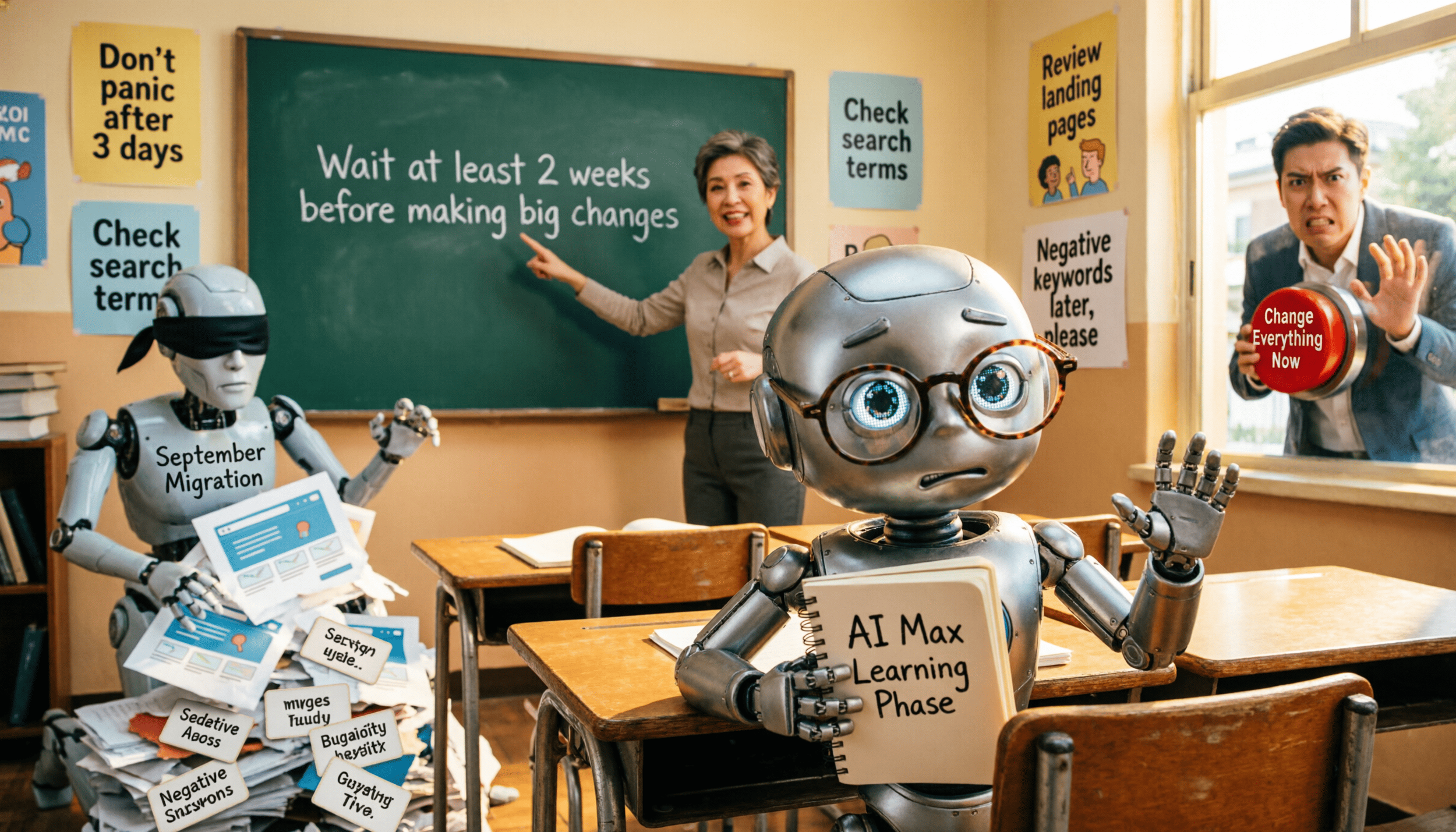 Eine kleine KI sitzt wie ein Schüler im Klassenzimmer und lernt AI Max, während ein ungeduldiger Marketer draußen schon Änderungen erzwingen will.