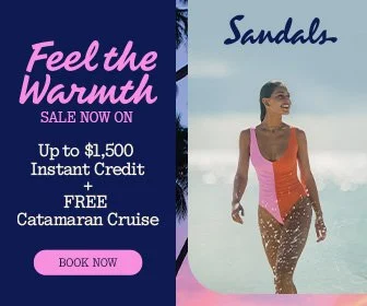 Advertisement for sandals featuring a woman standing in the water at the beach, wearing sunglasses.