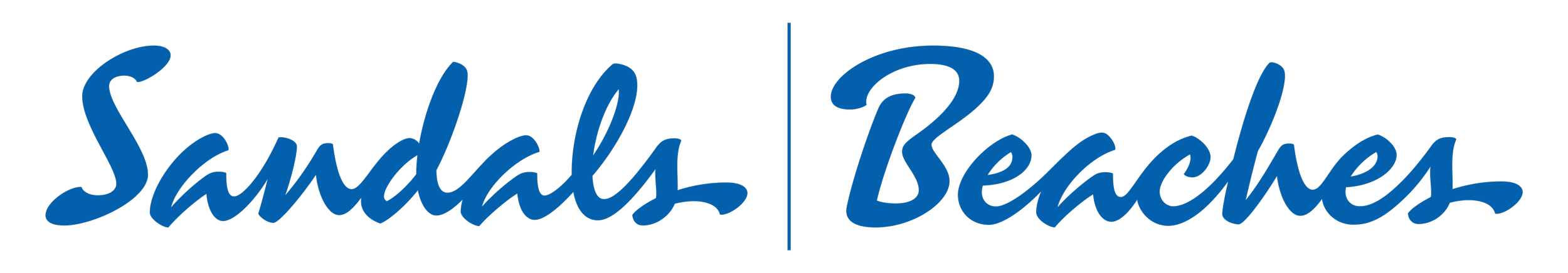 Text logo with the words 'Sandals Beaches' written in blue cursive font separated by a vertical line.