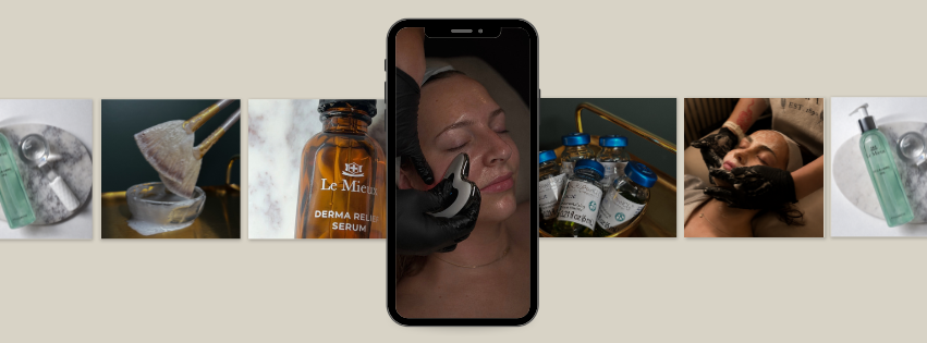 A woman receiving a facial procedure with a skincare specialist using a handheld device, surrounded by skincare products and equipment.