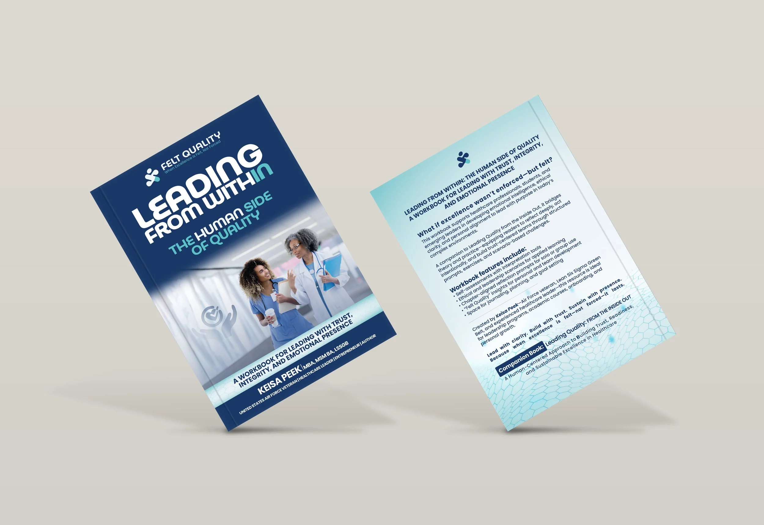 Cover and inside page of a workbook titled "Leading from Within: The Human Side of Quality" featuring healthcare professionals and blue and white design elements.