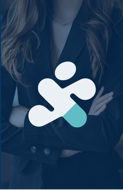 A person with long wavy hair wearing a black blazer with crossed arms, overlaid with a medical icon featuring a stylized figure and a capsule shape.