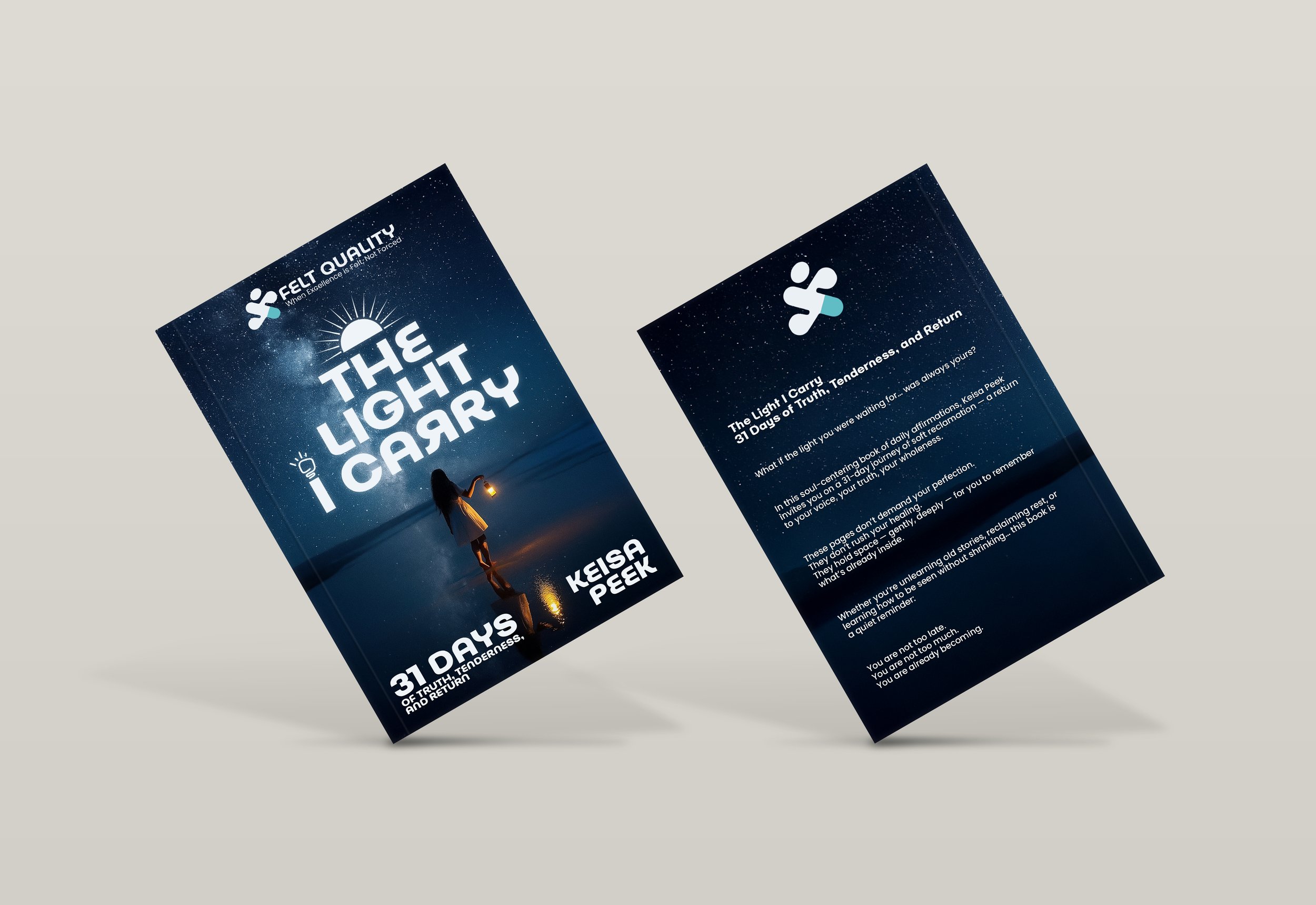 Booklet titled 'The Light I Carry' by Kaisa Peek with a cover image of a woman holding a lantern under a starry sky at night.