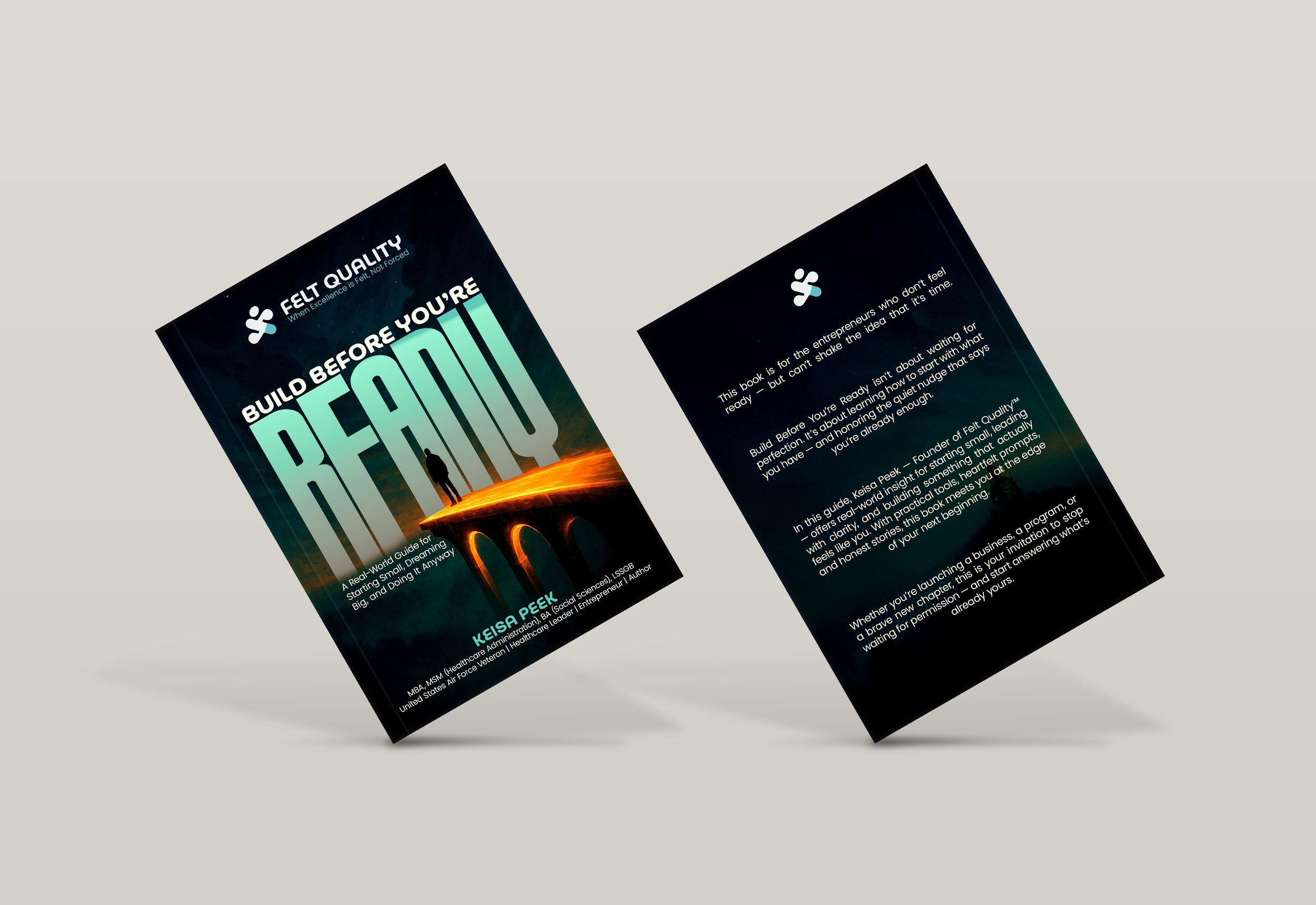 Book cover titled 'Build Before You're Ready' by Keisa Peek, featuring an illustration of two people standing on a bridge with a sunset background.