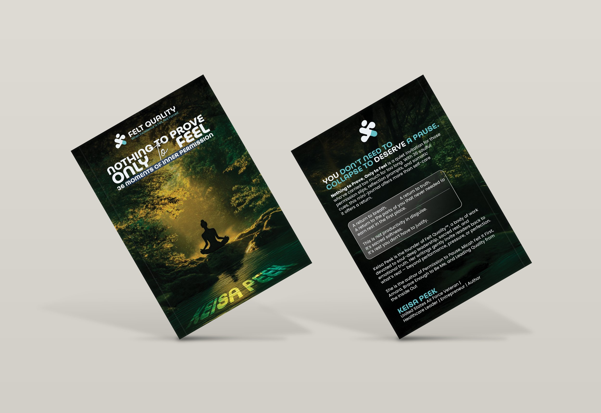 Two pamphlets, one showing a person meditating in a forest at sunset with the text 'Nothing to Prove Only to Feel' and '36 Moments of Inner Permission', the other with text about self-care and leadership.