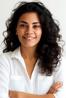 A woman with curly dark hair wearing a white shirt, smiling with arms crossed.
