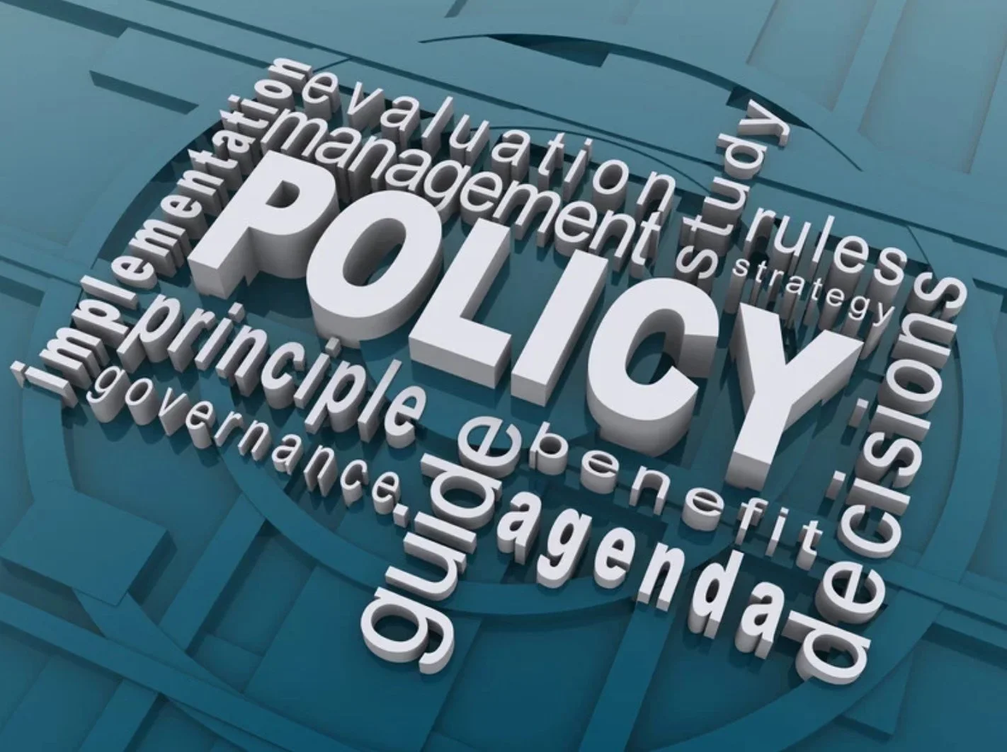 3D illustration of the word 'POLICY' in large white letters surrounded by related terms such as regulation, rules, procedures, laws, strategy, implementation, principles, governance, oversight, compliance, management, and discipline, all arranged around it on a blue background.