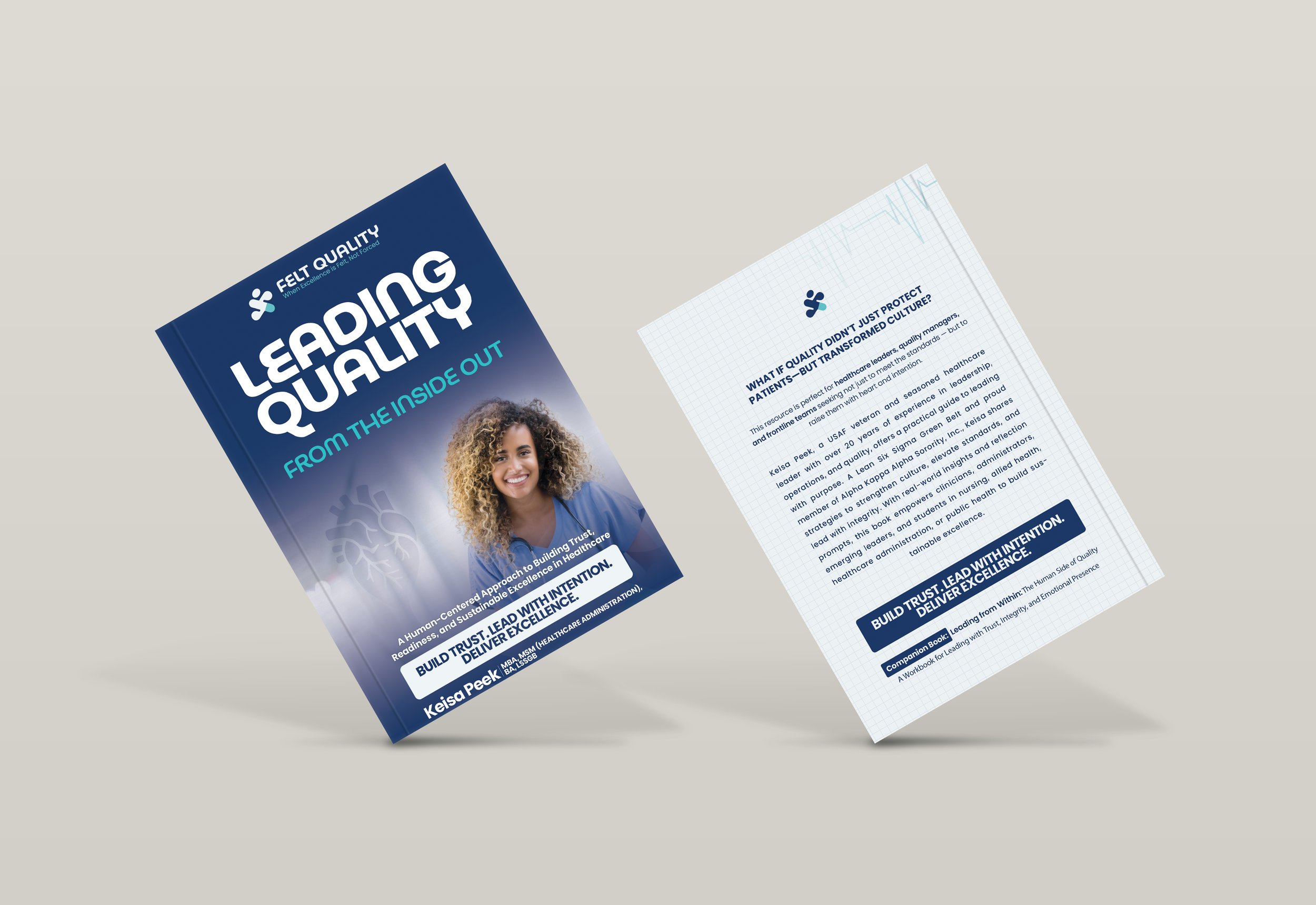 Book titled 'Leading Quality from the Inside Out' with a smiling woman on the cover, purple and blue colors, and a sheet of paper with text and graphics beside it.