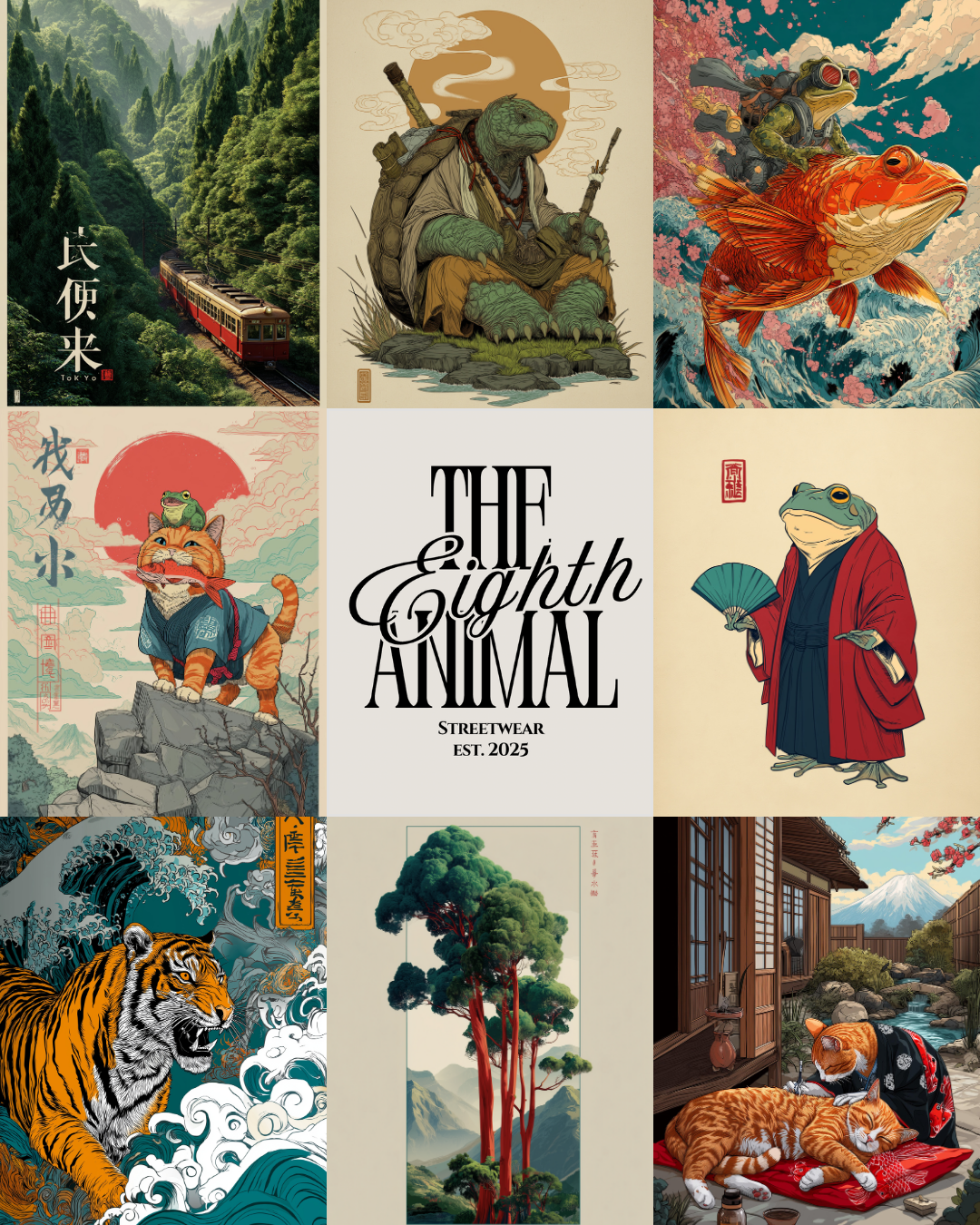 A collage of nine images featuring animals and Japanese-inspired artwork, with the central text reading "The Eighth Animal STREETWEAR EST. 2025".