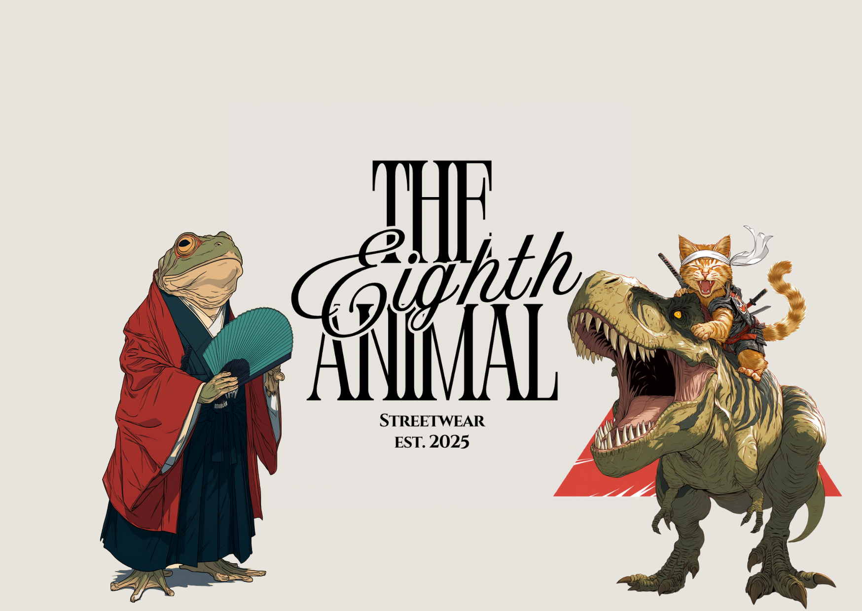 A stylized illustration featuring a frog dressed as a traditional Japanese samurai, a cat dressed as a ninja riding a dinosaur, and the text 'The Eighth Animal Streetwear Est. 2025' in the center.