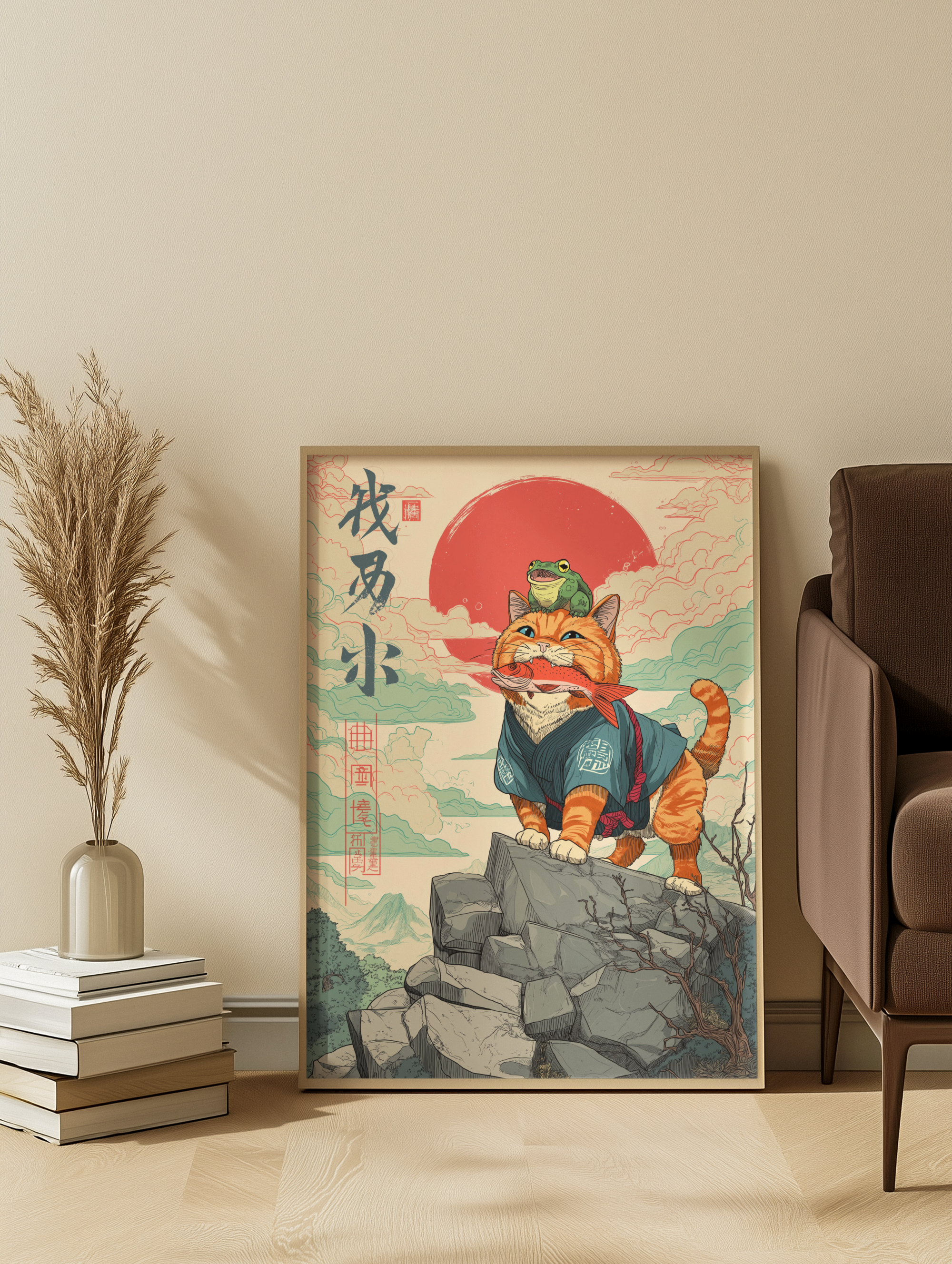 A framed Japanese-style illustration features a cat in traditional clothing, standing on rocks with a frog on its head, against a background of a red sun and clouds. The image includes Japanese calligraphy and red stamps.