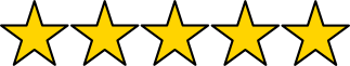 Five gold stars in a row against a transparent background.