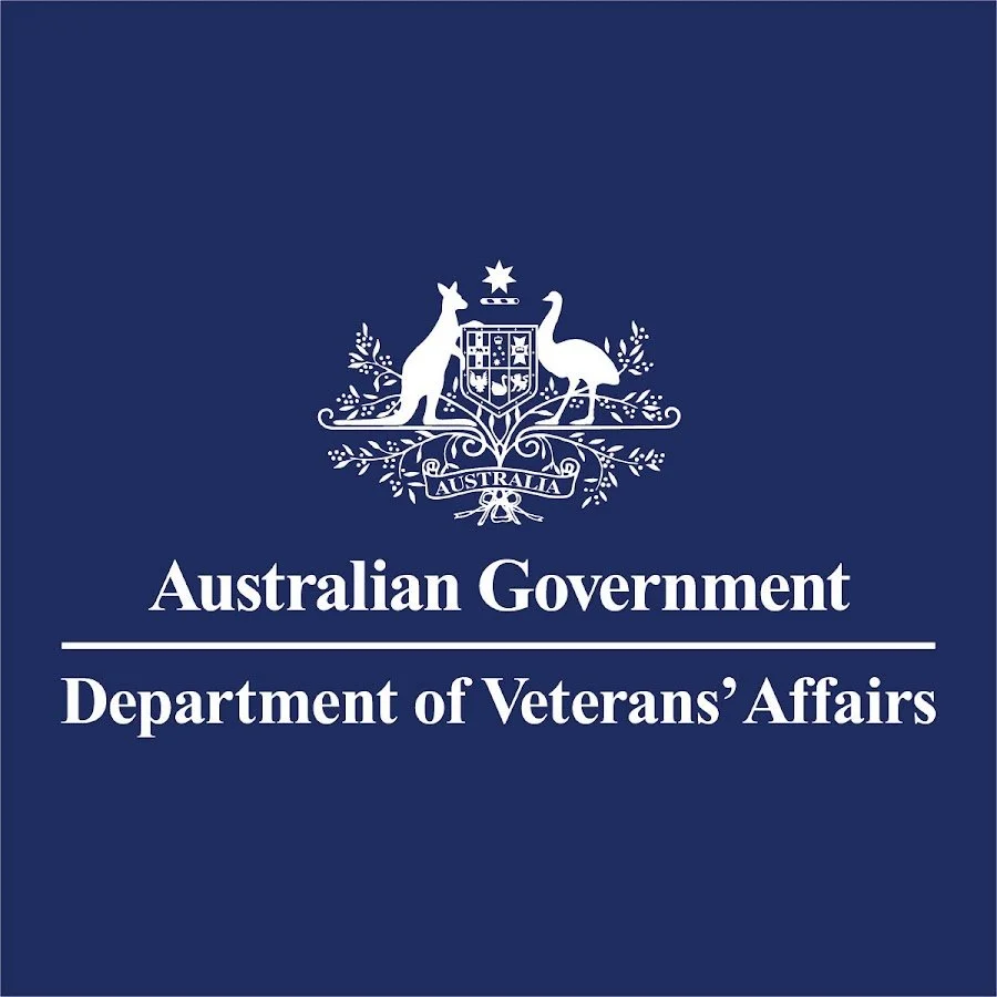 The image shows the official logo of the Australian Government Department of Veterans' Affairs, featuring a blue background with a white coat of arms including a kangaroo and a swan, and text that reads "Australian Government Department of Veterans' Affairs."