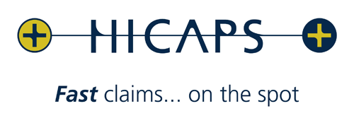 H-CAPS logo with yellow plus signs on either side and the slogan 'Fast claims... on the spot'