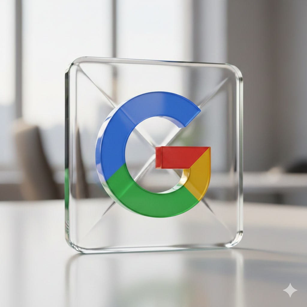A decorative glass block with a colorful Google logo in the center, placed on a white surface with a blurred office background.