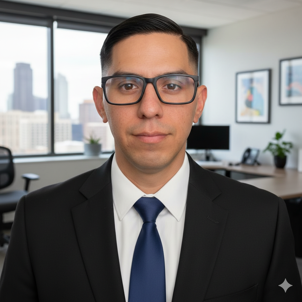 Close-up of a smiling man with shoulder-length black hair, wearing a blue top, standing among green plants.