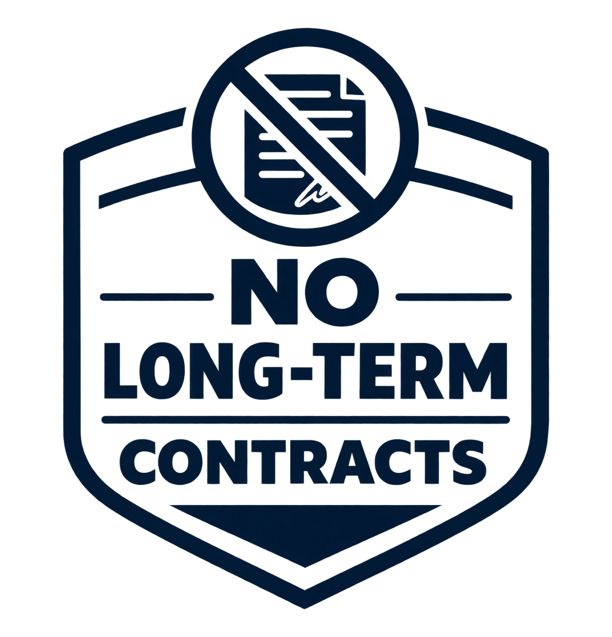 A graphic with a warning symbol over a document, crossed out, and the text 'NO LONG-TERM CONTRACTS' beneath it.