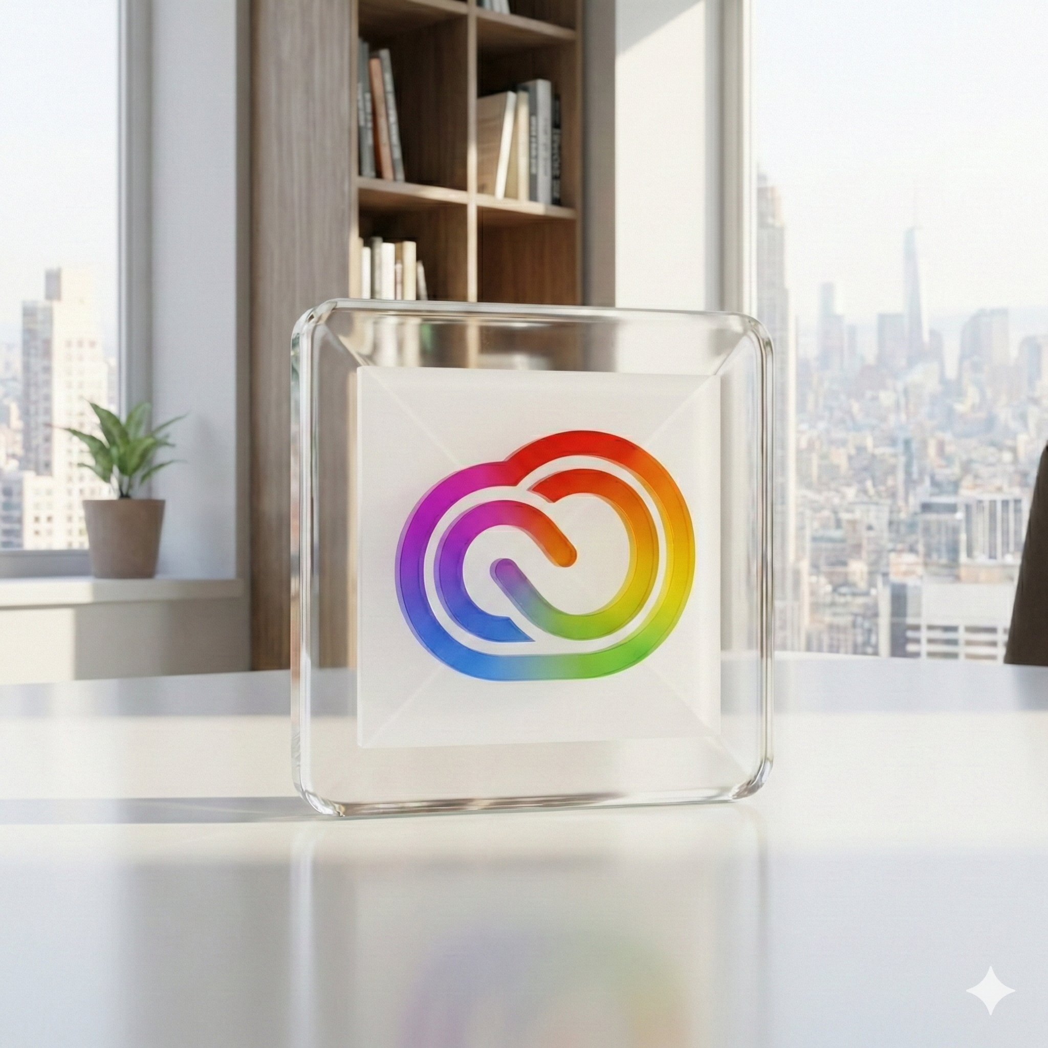 A translucent cube with a rainbow-colored Adobe Creative Cloud logo on its front, placed on a white table in a modern office with large windows overlooking a city skyline.