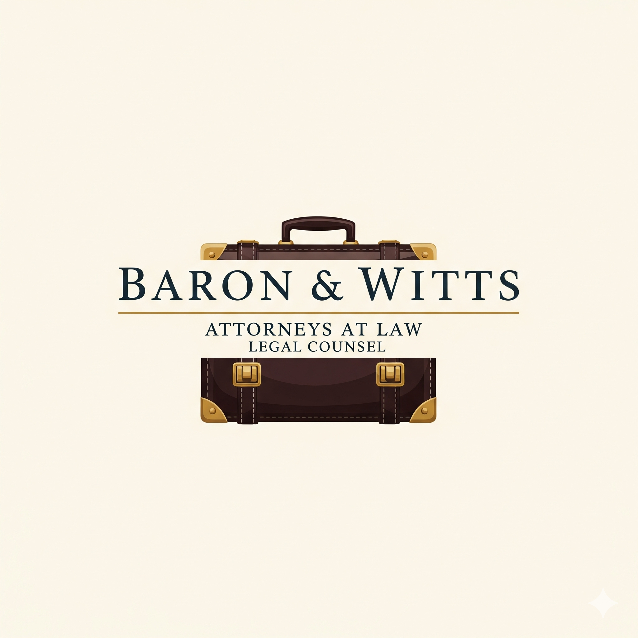 Logo for Baron & Witts law firm featuring a briefcase with a handle and gold accents, with text indicating they are attorneys at law and legal counsel.