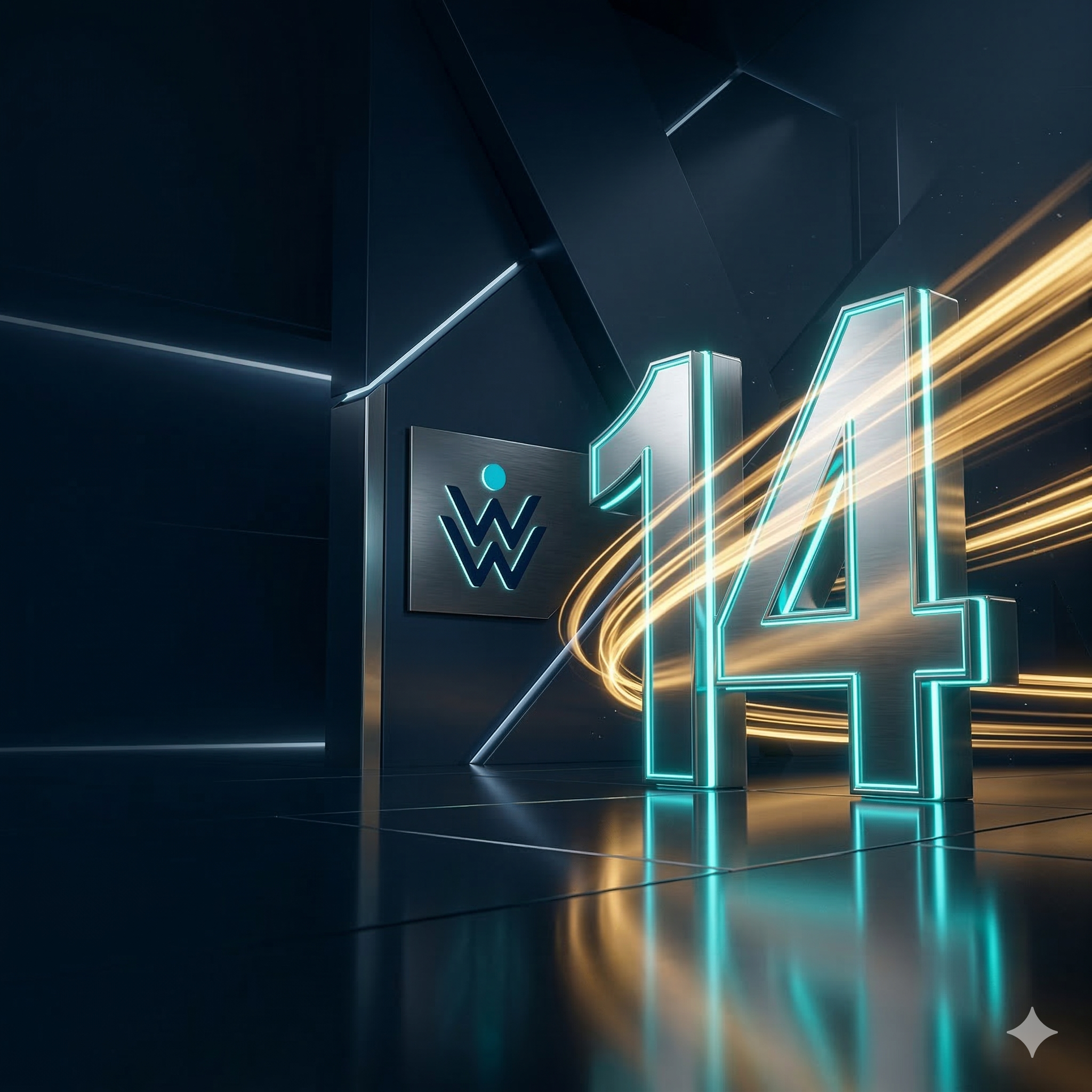 Futuristic digital scene with large glowing number 14, gold streaks of light, and a wall sign with a logo featuring a stylized blue and black figure.