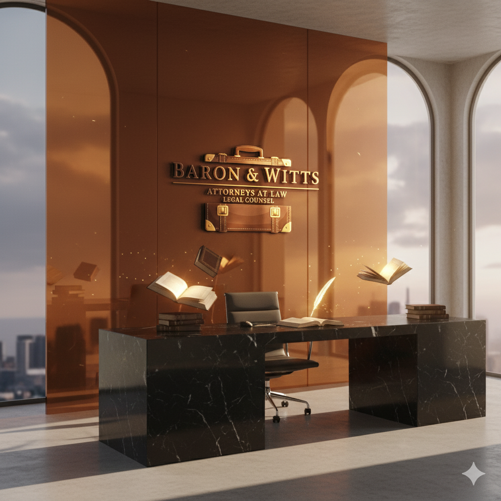 Modern law office reception desk with a black marble surface, behind which is a brown wall with a sign reading "Baron & Witts, Attorneys at Law, Legal Counsel". Floating books are depicted with glowing effects, and large arched windows reveal a city skyline at sunset.