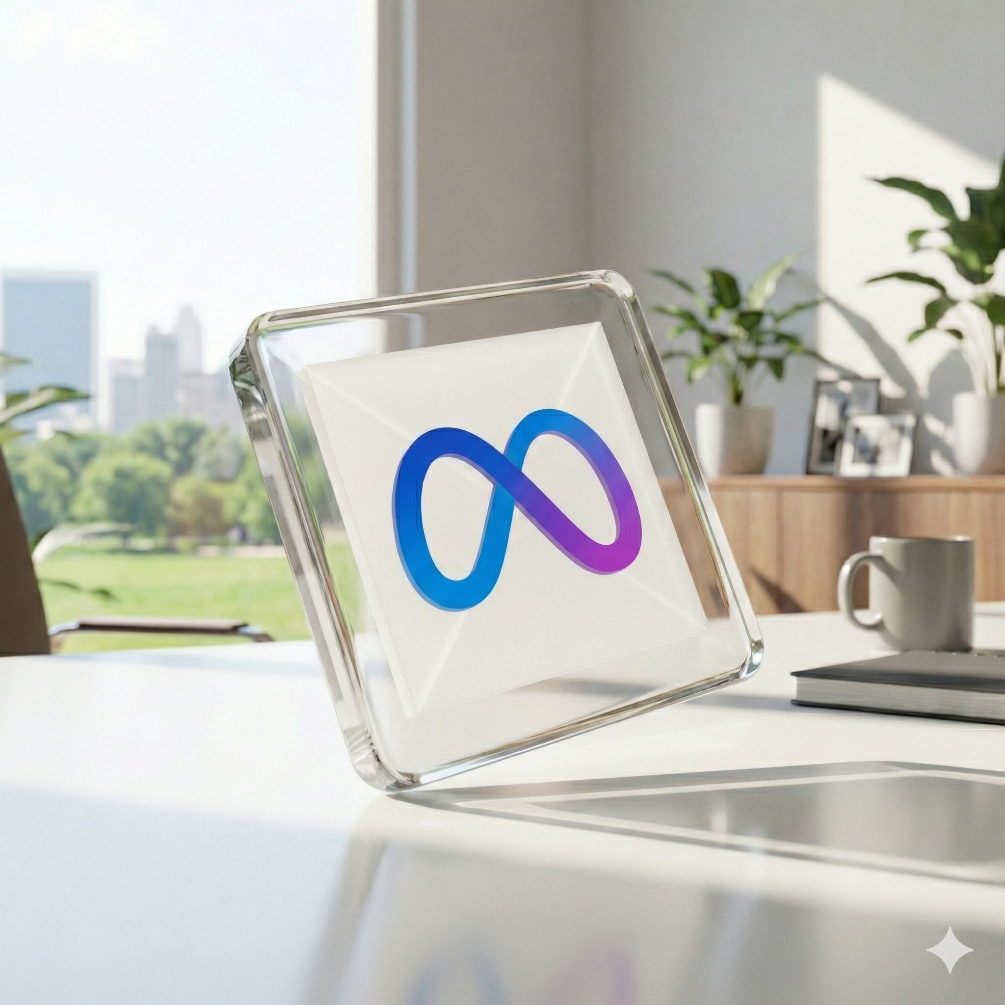 Glass display case with Meta logo on paper inside, placed on a white desk in an office with large windows, outdoor view, books, mug, and potted plants.