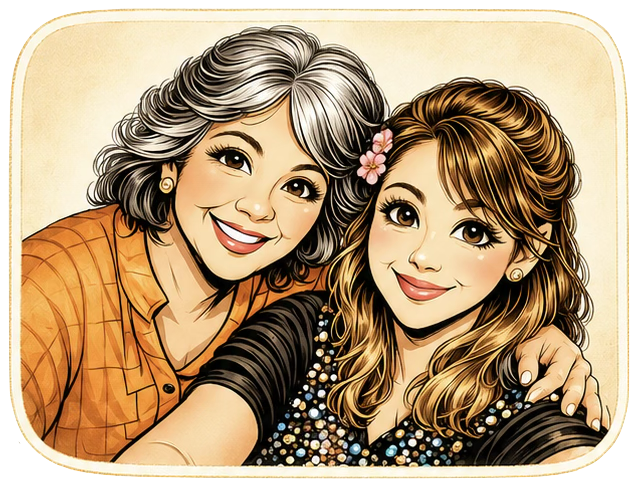 Two women smiling for a selfie, one with gray hair in a orange shirt, and the other with brown hair and a flower accessory, wearing a black top with colorful beads.