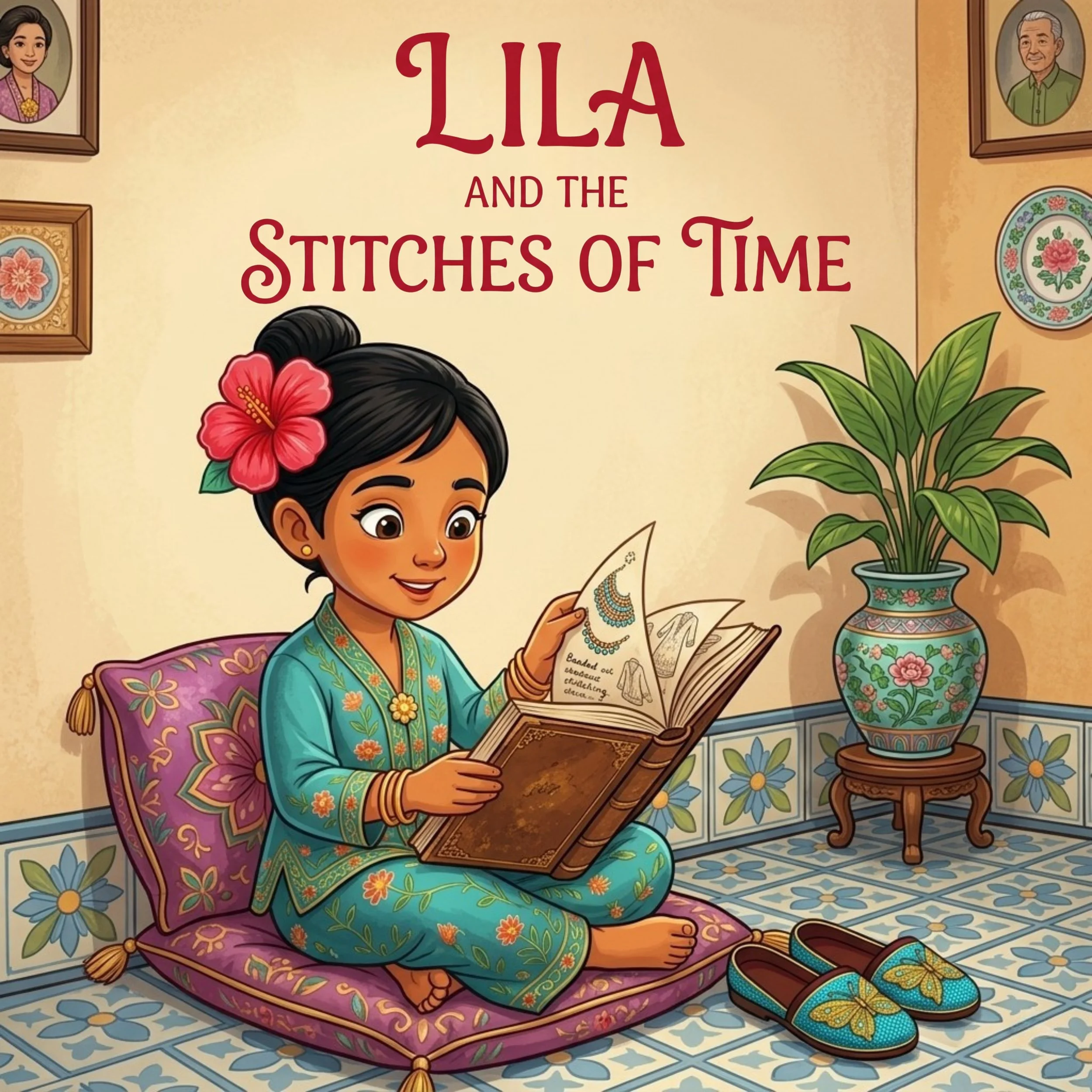 A young girl with dark hair, wearing a blue floral outfit and a pink hibiscus flower in her hair, sitting on a purple cushion and reading a book with jewelry designs inside. She is indoors, with a potted plant and decorative wall plates behind her, and slippers on the tiled floor. The title on the wall reads 'Lila and the Stitches of Time'.