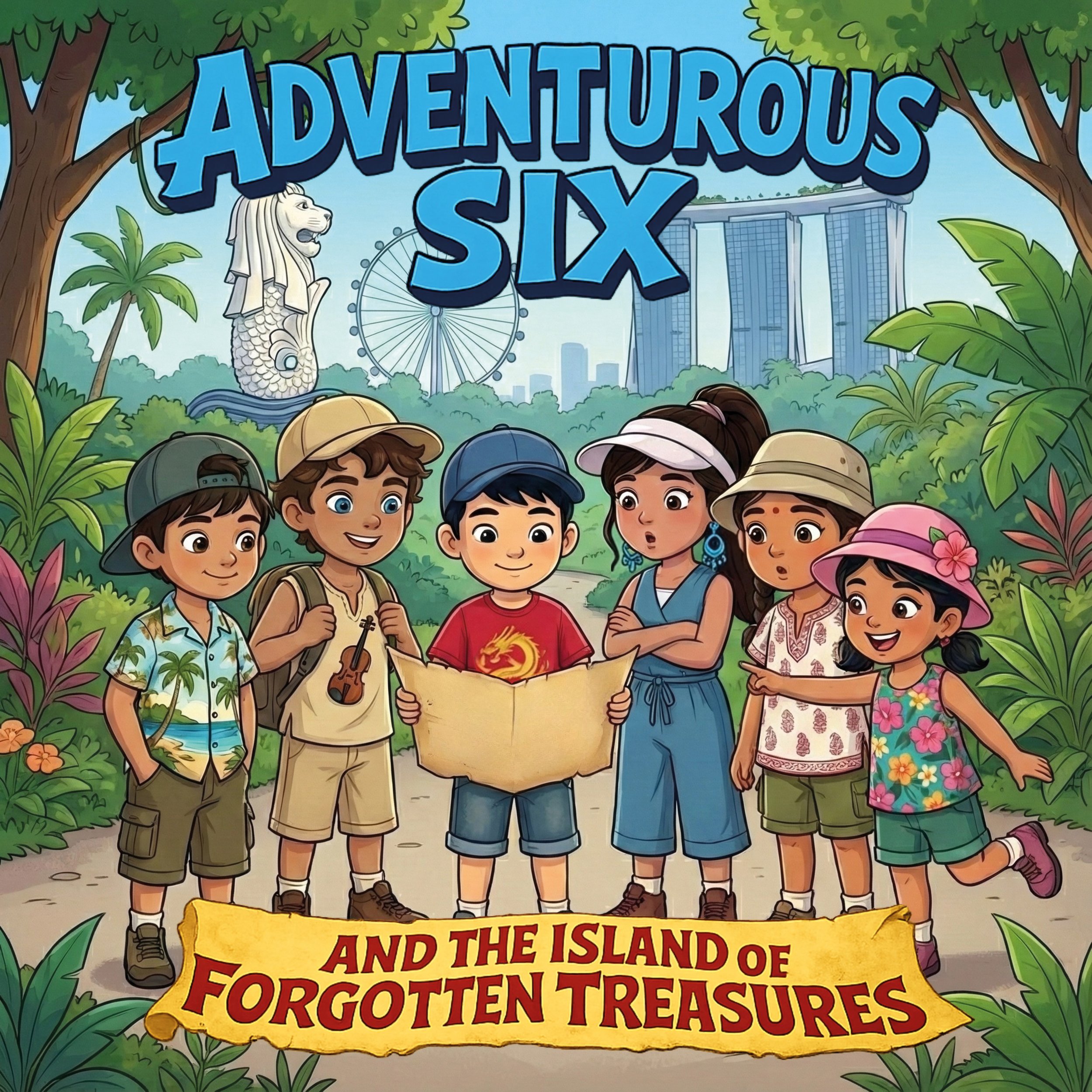 Children exploring a jungle trail with a map, surrounded by tropical plants, with the Singapore Flyer and Marina Bay Sands in the background, under the title 'Adventurous Six' and subtitle 'And the Island of Forgotten Treasures'.